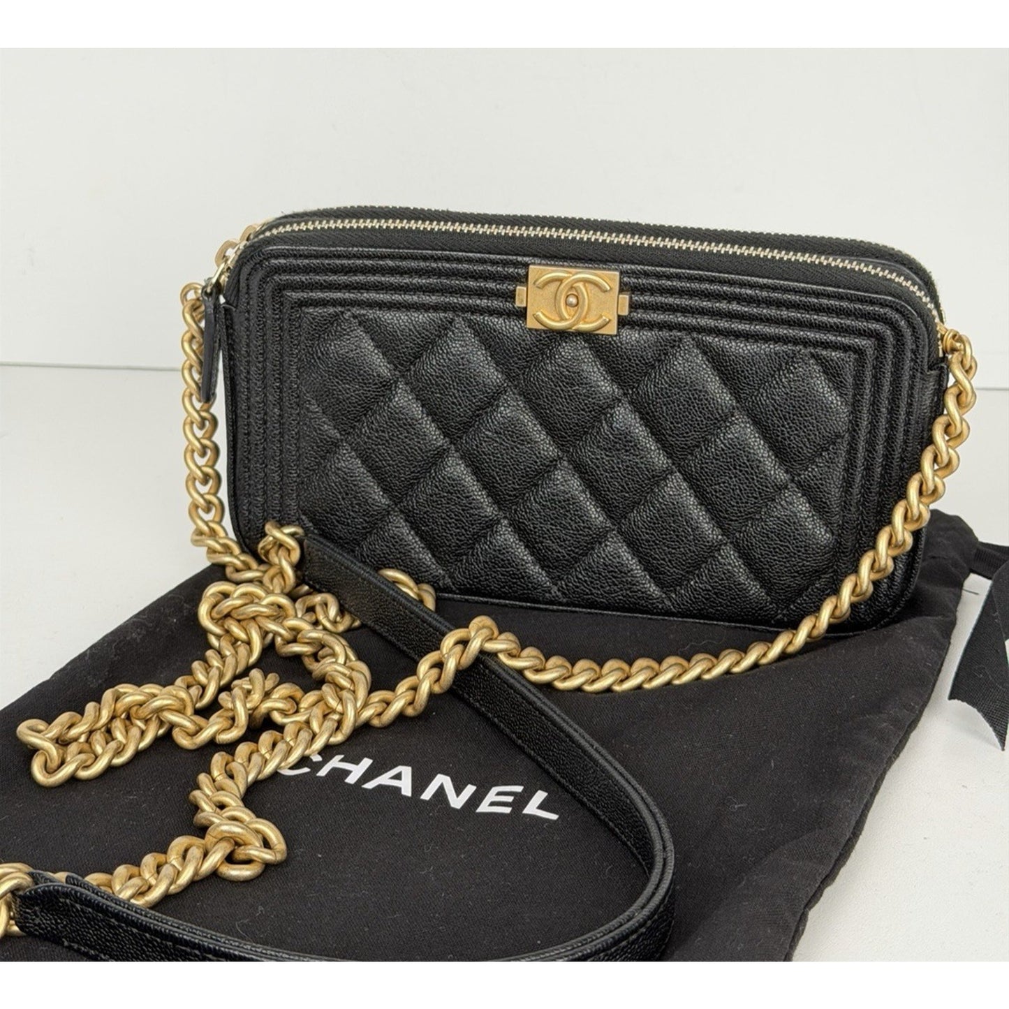 Chanel Boy Double Zip Chain Clutch in Quilted Black Caviar Leather 2019 E4
