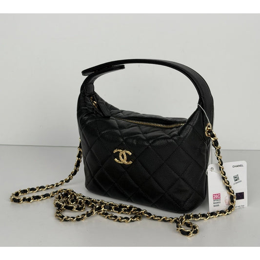 Chanel Caviar Quilted Hobo Clutch with Chain in Black E2