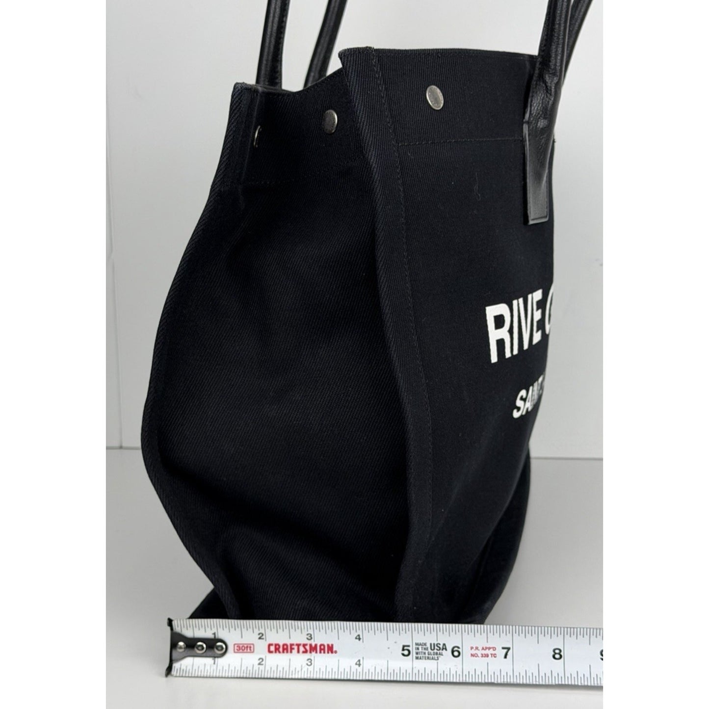 Saint Laurent Rive Gauche Tote Bag Bold White Logo Printed Black Canvas S