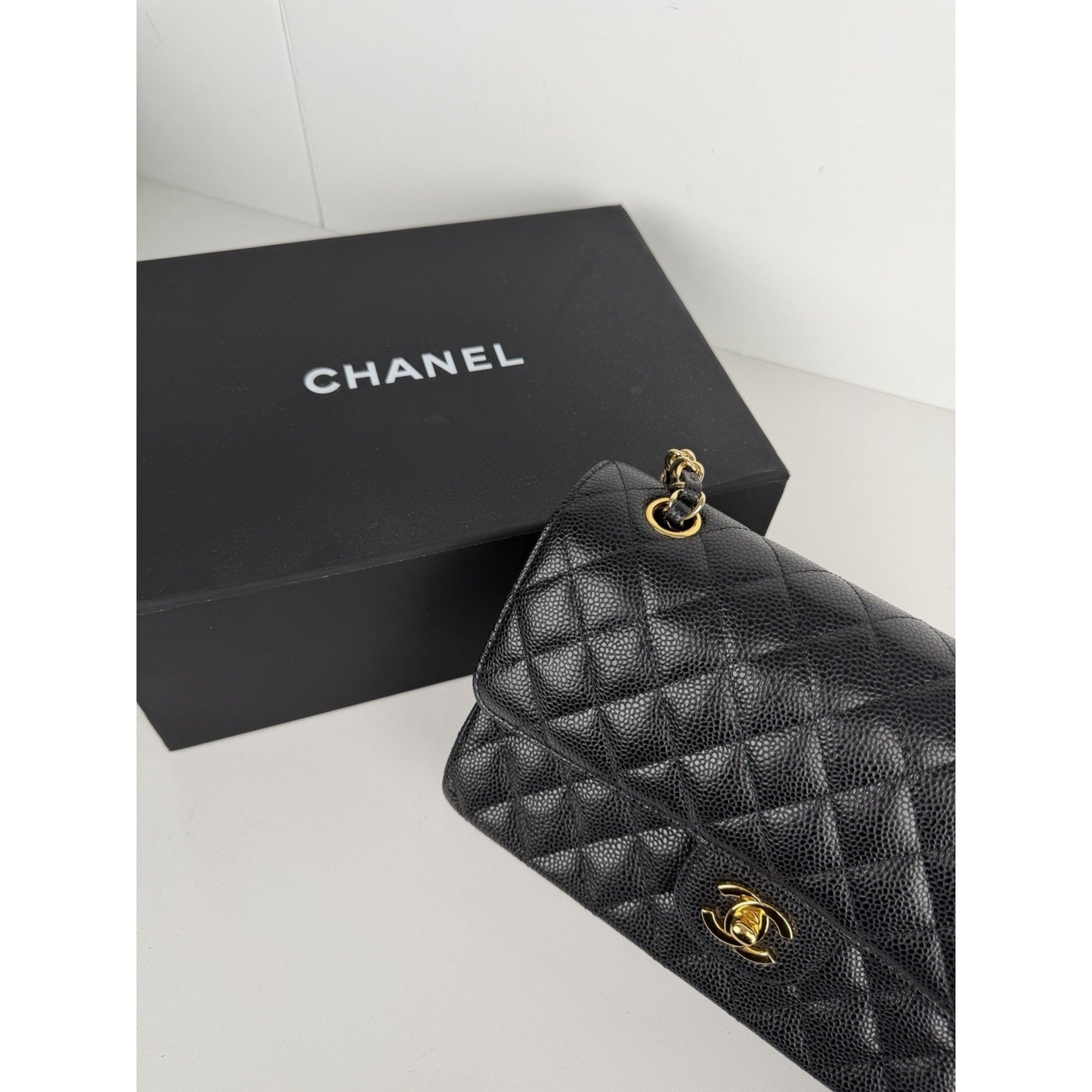 Chanel Classic Double Flap Bag Medium in Black Quilted Caviar Leather NFC D-8