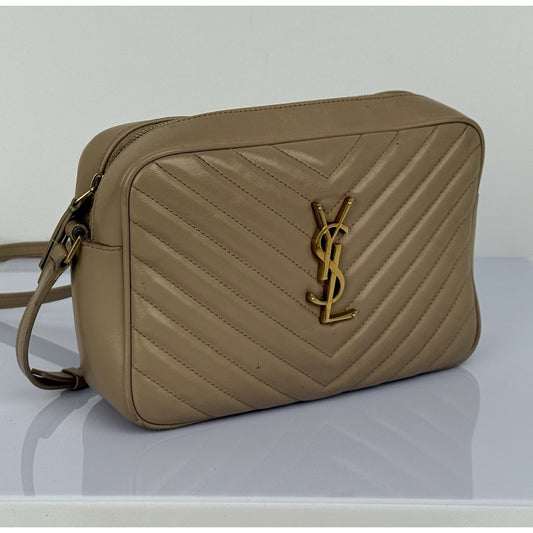 Saint Laurent Camera Bag Calfskin Matelasse Monogram Lou Beige
