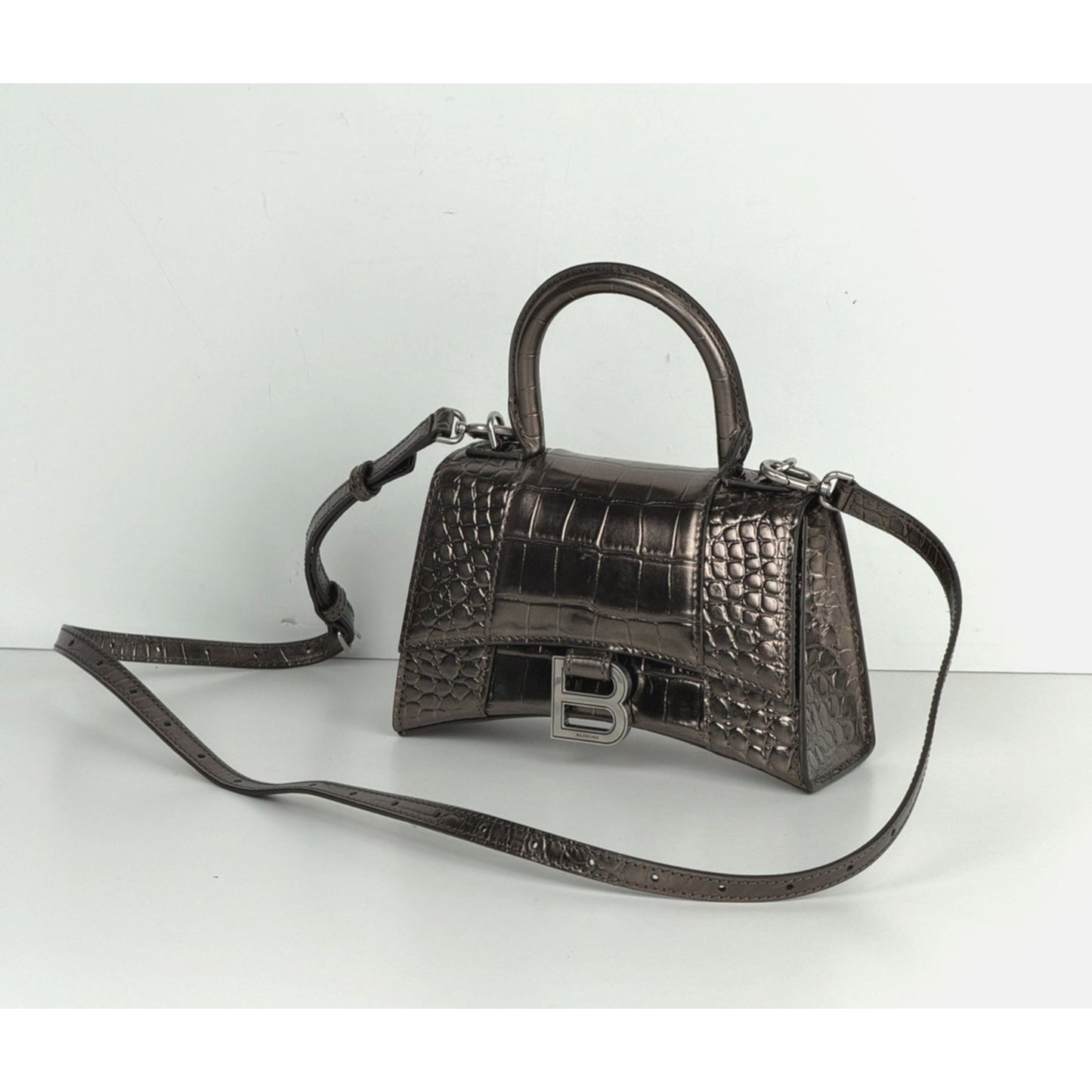 Balenciaga Hourglass XS Bag in Metallic Dark Gray Croc-Effect Leather S03