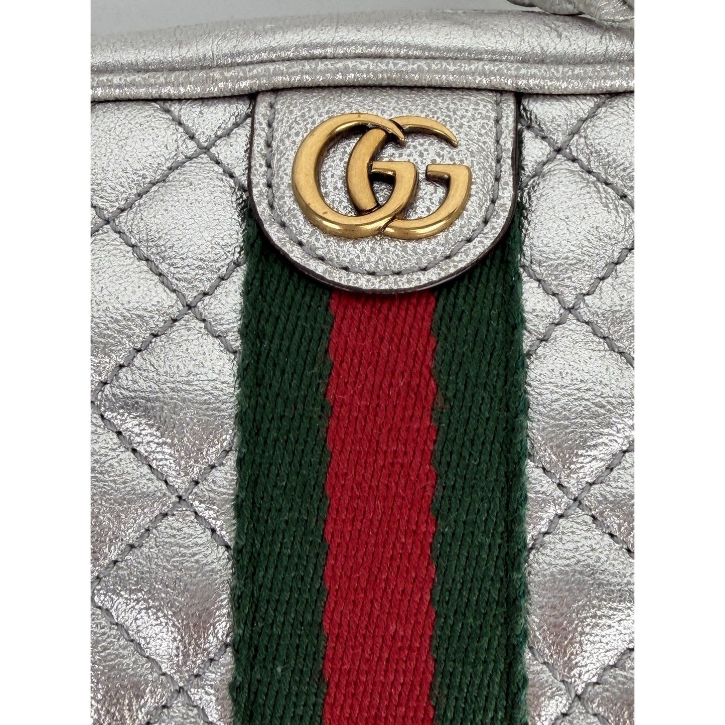 Gucci Web Ophidia Trapuntata Camera Bag Mini Quilted Silver Metallic Leather S