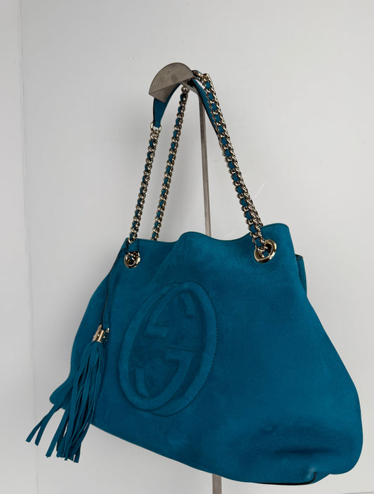 Gucci Soho Medium Chain Tote Shoulder Bag in Blue Leather YS23