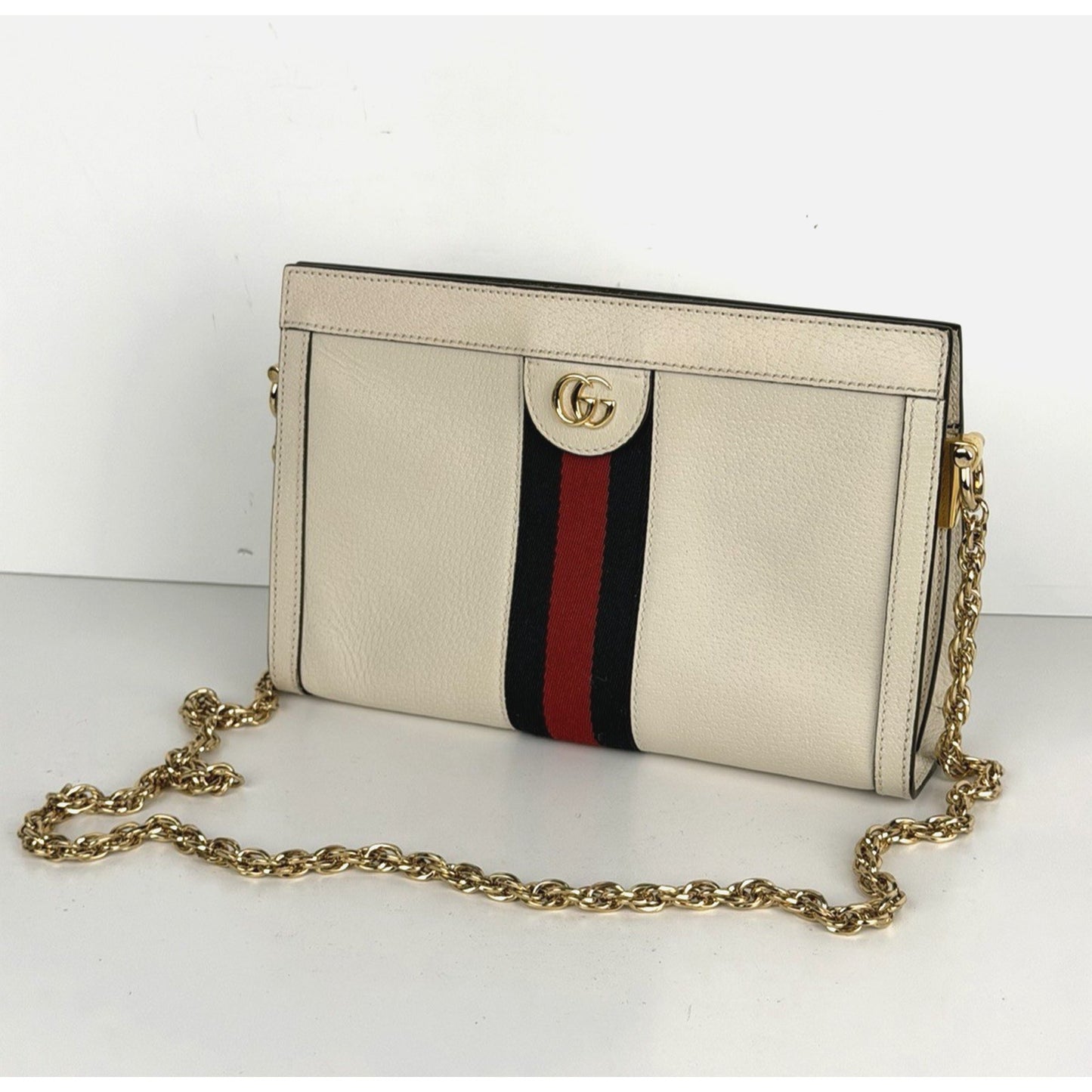Gucci Ophidia Chain Shoulder Bag in White Leather with Sylvie Web Accent S-04