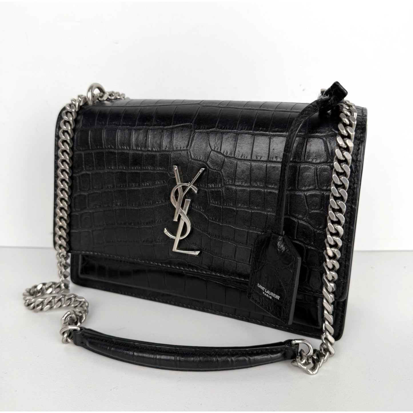 Saint Laurent Sunset Shoulder Bag Medium in Black Crocodile-Embossed Leather B-6