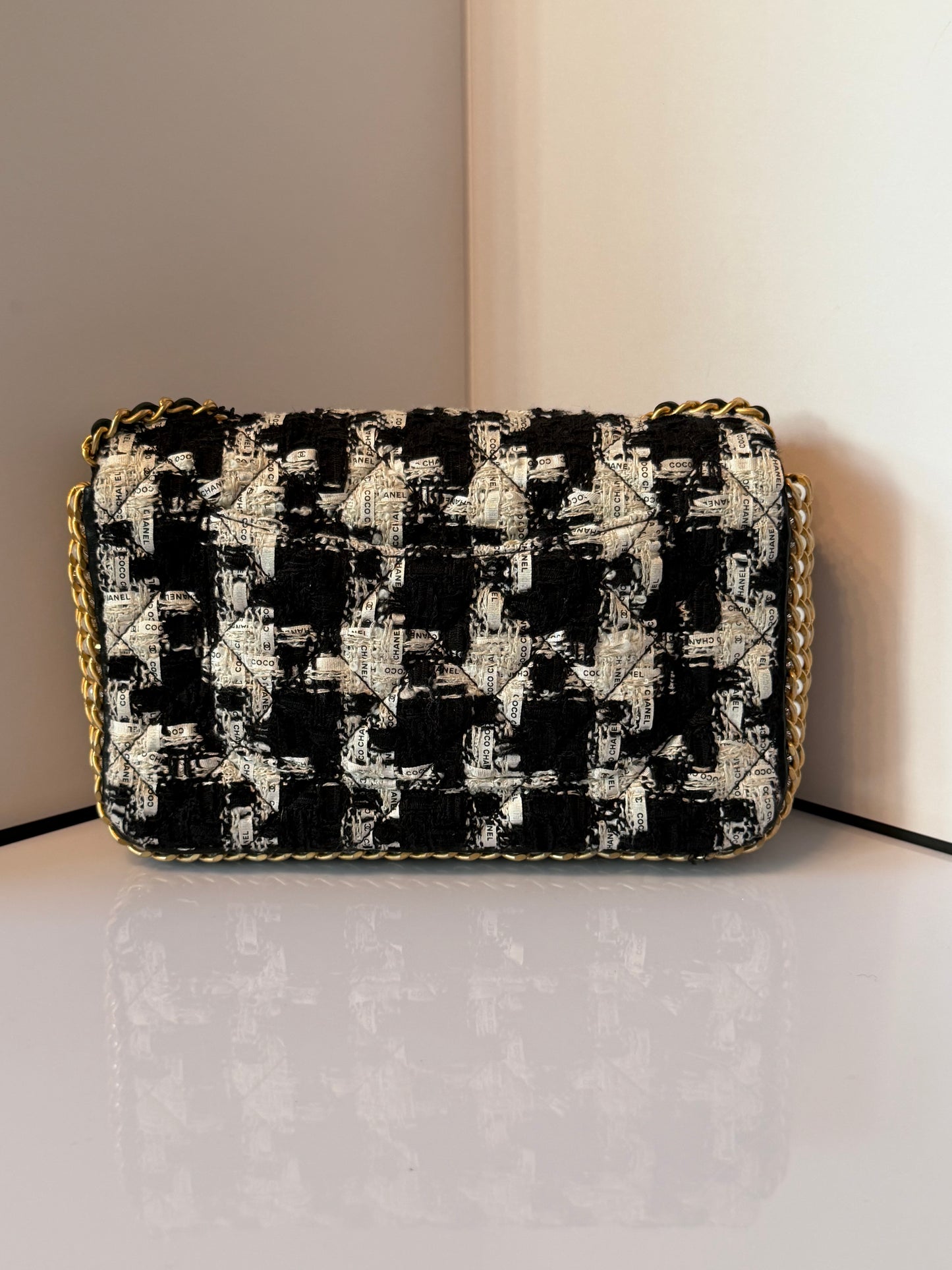 CHANEL Black/White Quilted Tweed River Of Pearls Mini Flap Bag