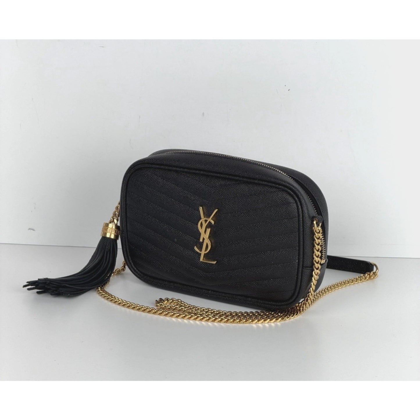 Saint Laurent Lou Mini Camera Bag in Black Grain Leather with Tassel Detail S08