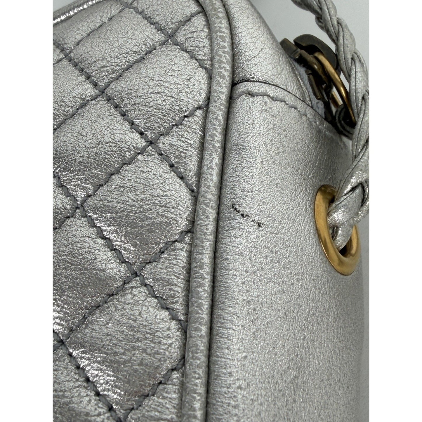 Gucci Web Ophidia Trapuntata Camera Bag Mini Quilted Silver Metallic Leather S
