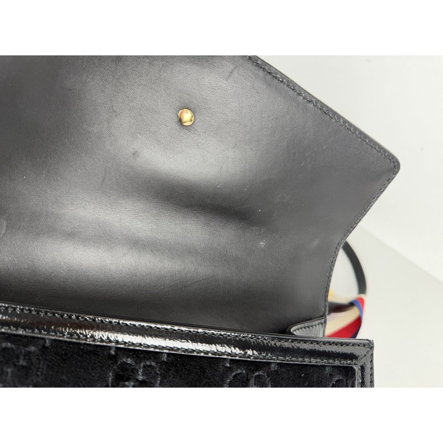 Gucci Sylvie Small Crossbody Bag in Black GG Velvet with Web S08