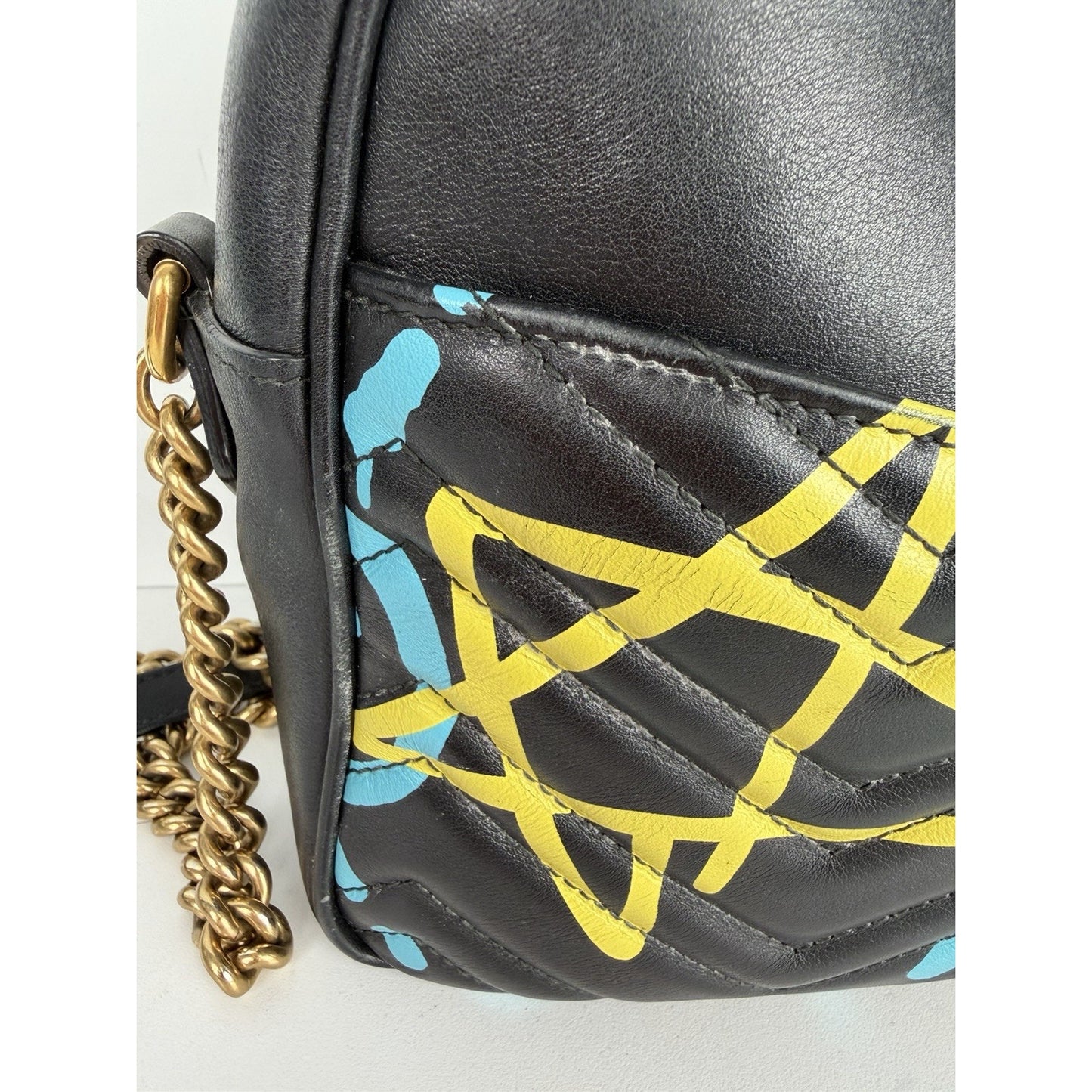 Gucci Ghost GG Marmont Camera Bag Medium in Black Leather with Graffiti Print S1