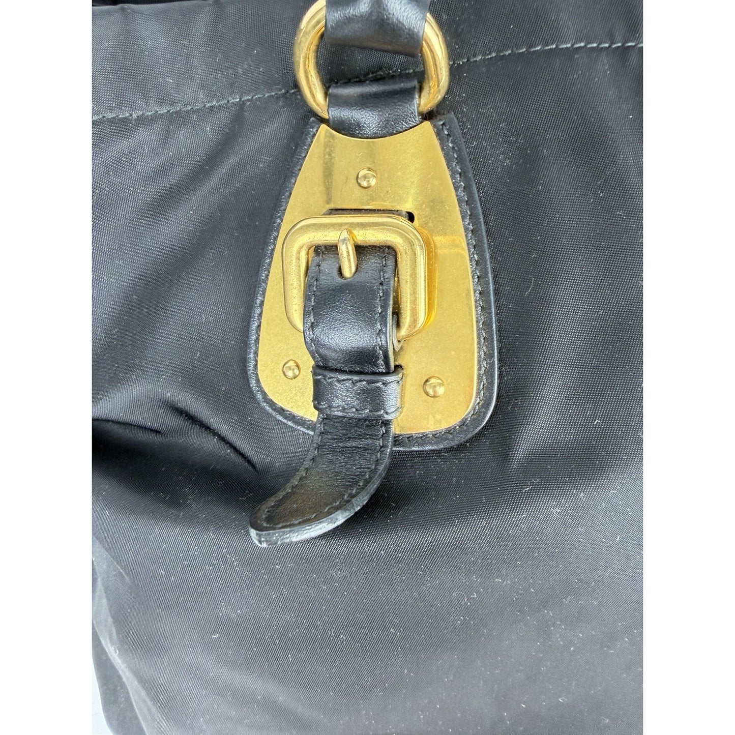 Prada Tessuto Tote Bag in Black Nylon with Gold Hardware Buckle Accents S