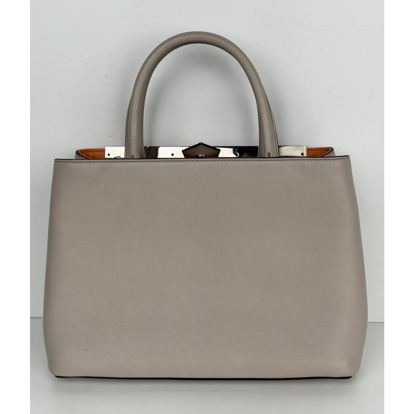 Fendi Petite 2Jours Tote Bag Neutral Gray Leather & Orange Leather Lining S