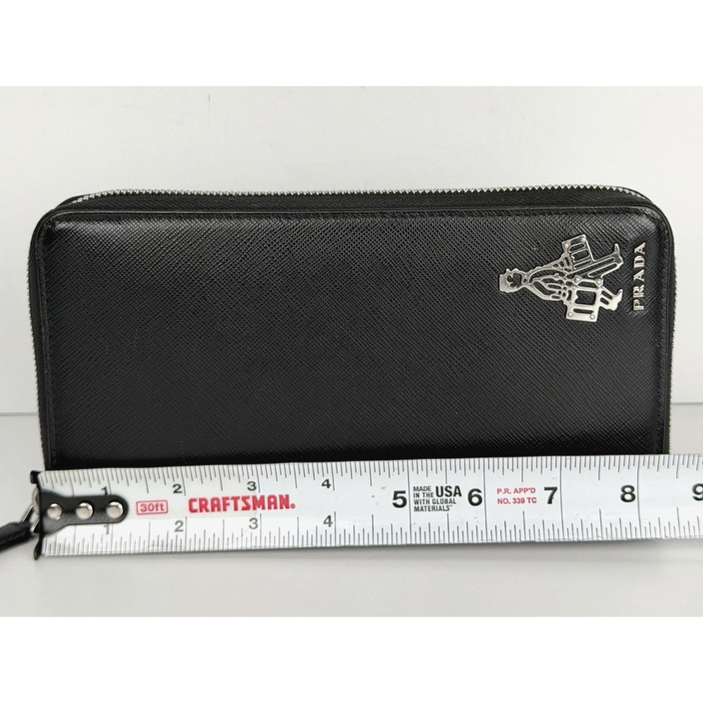 Prada Long Wallet Zip-Around in Black Saffiano Leather Silver-Tone Hardware