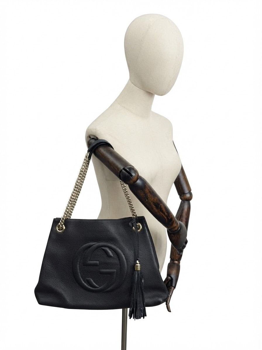Gucci Medium Soho Chain Shoulder Bag in Black Pebbled Calfskin Leather YE-6