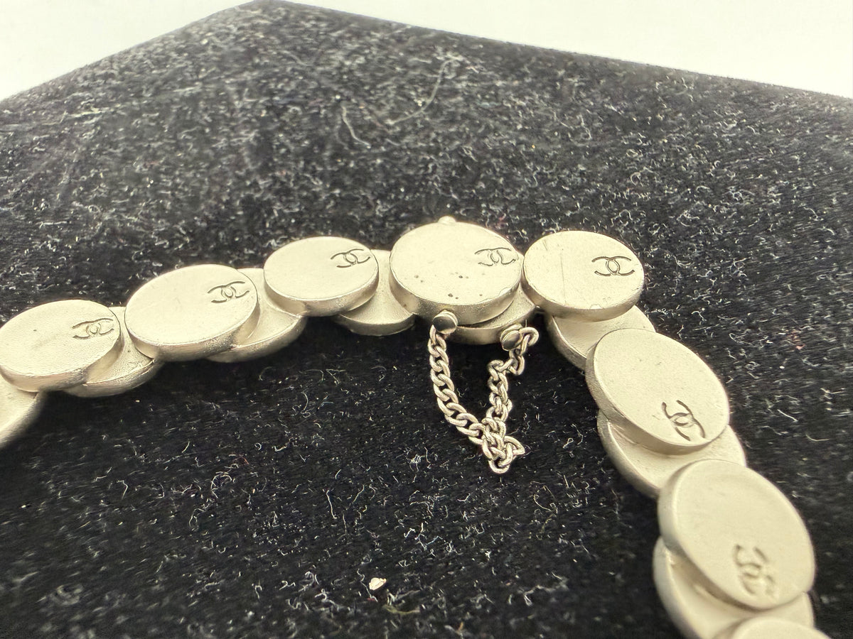 CHANEL Coco Mark Silver-Tone Coin Charm Bracelet Vintag 99C K1