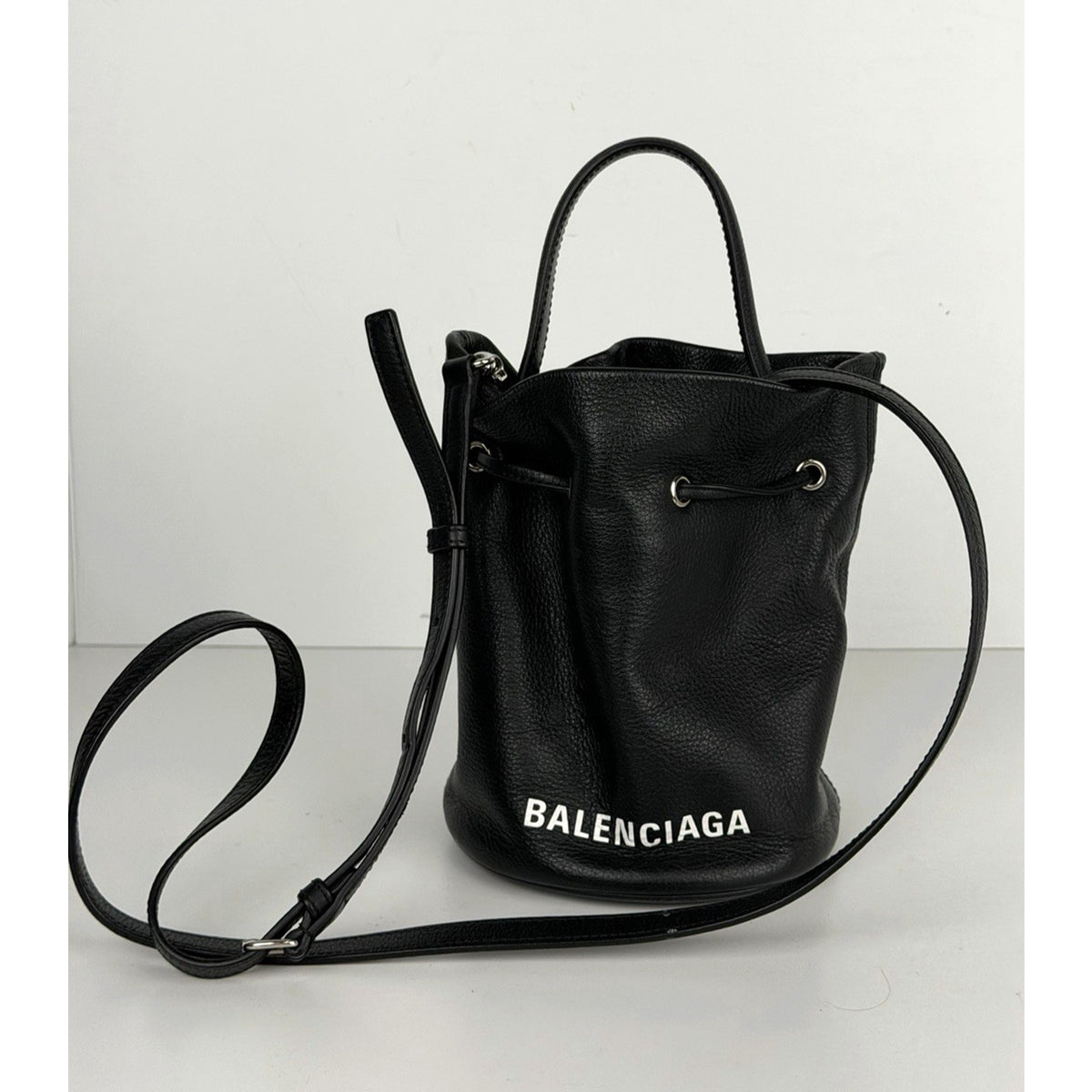 Balenciaga Everyday XS Bucket Bag in Black Grained Leather with White Logo S-10
