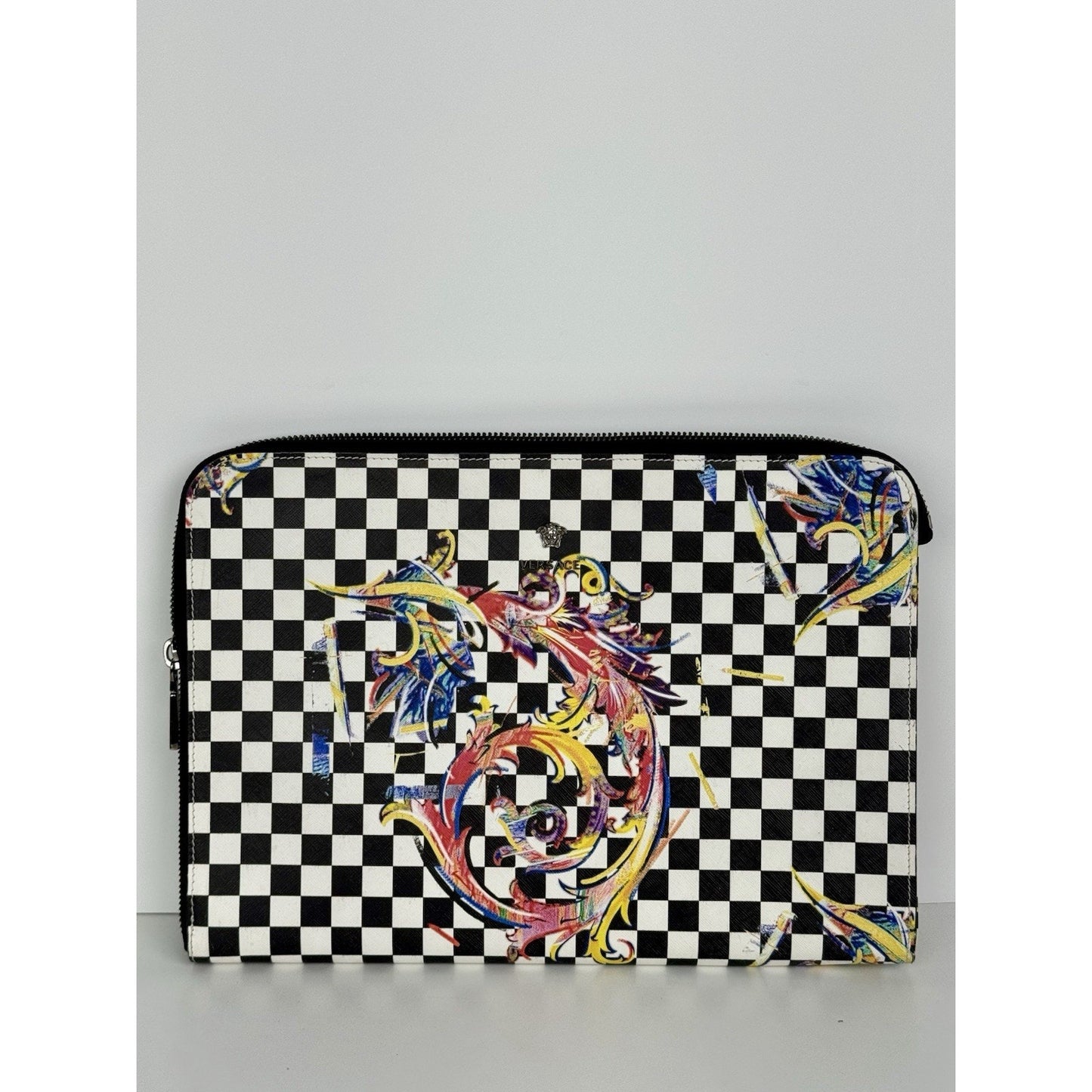 Versace Multicolour Checkerboard Pattern Leather Handbag Silver Hardware