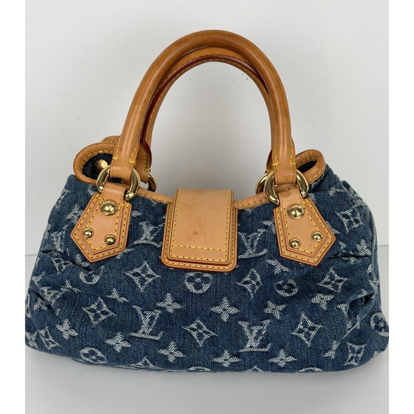 Louis Vuitton Denim Pleaty HandBag Blue Monogram & Gold-Tone Hardware D8