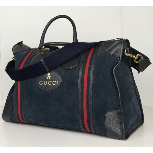Gucci Neo Vintage Duffle Bag Medium in Dark Blue Suede With Leather Trim