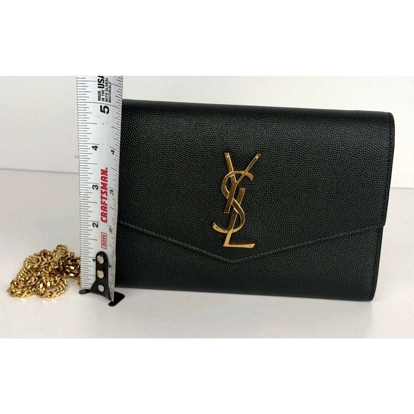 Saint Laurent Uptown Chain Wallet Mini Bag in Black Grain De Poudre Leather S08