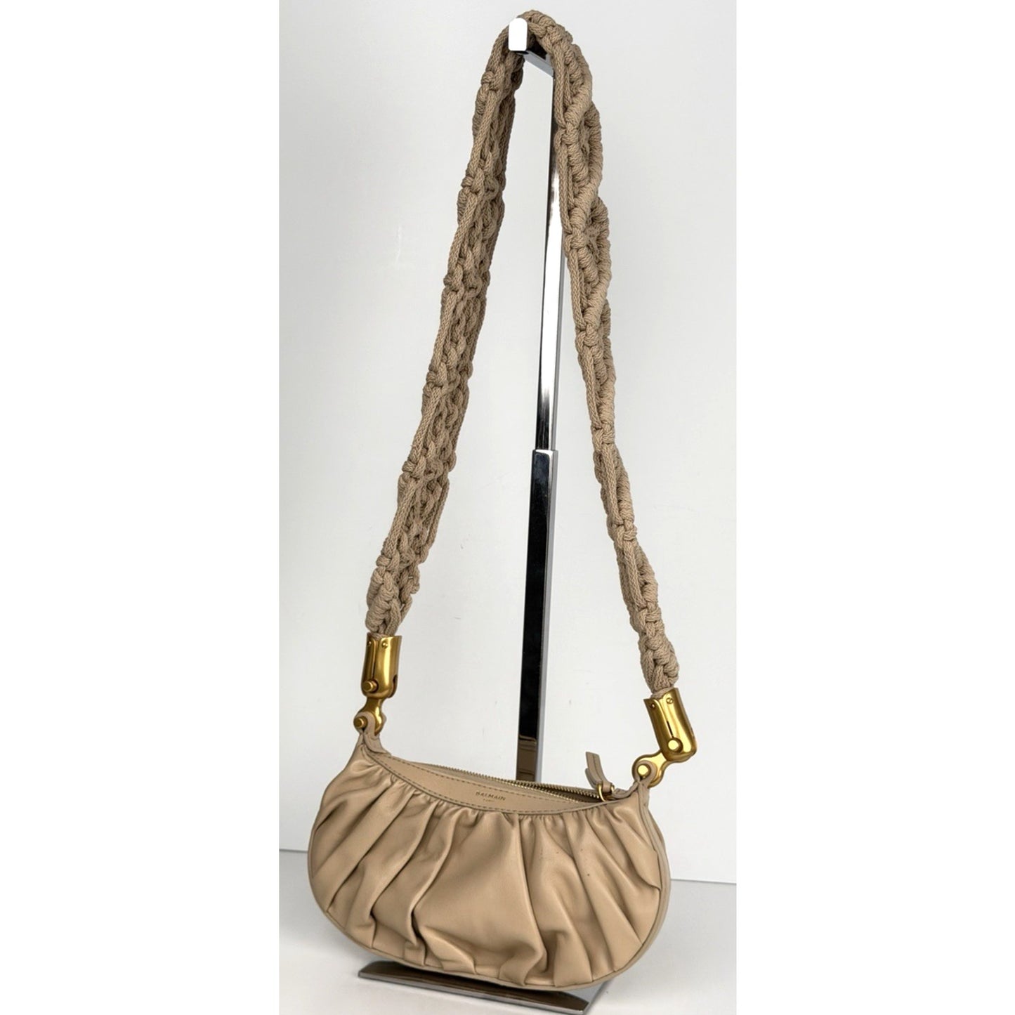 Balmain Mini Bag in Ebene Scrunched Leather Crossbody with Crochet Handle S-05