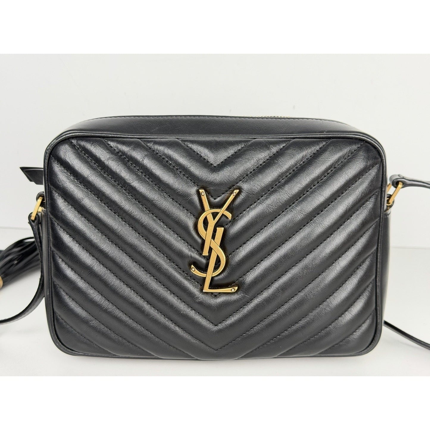 Saint Laurent Lou Camera Bag Medium Chevron Quilted Black Calfskin Leather D9