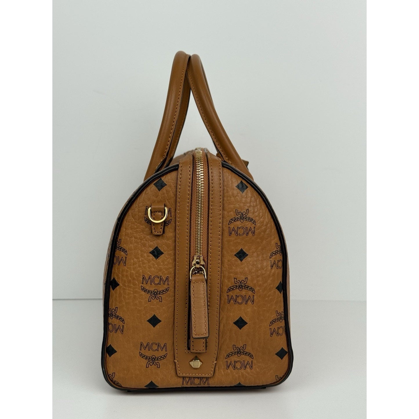MCM Visetos Cognac Boston Satchel Handbag