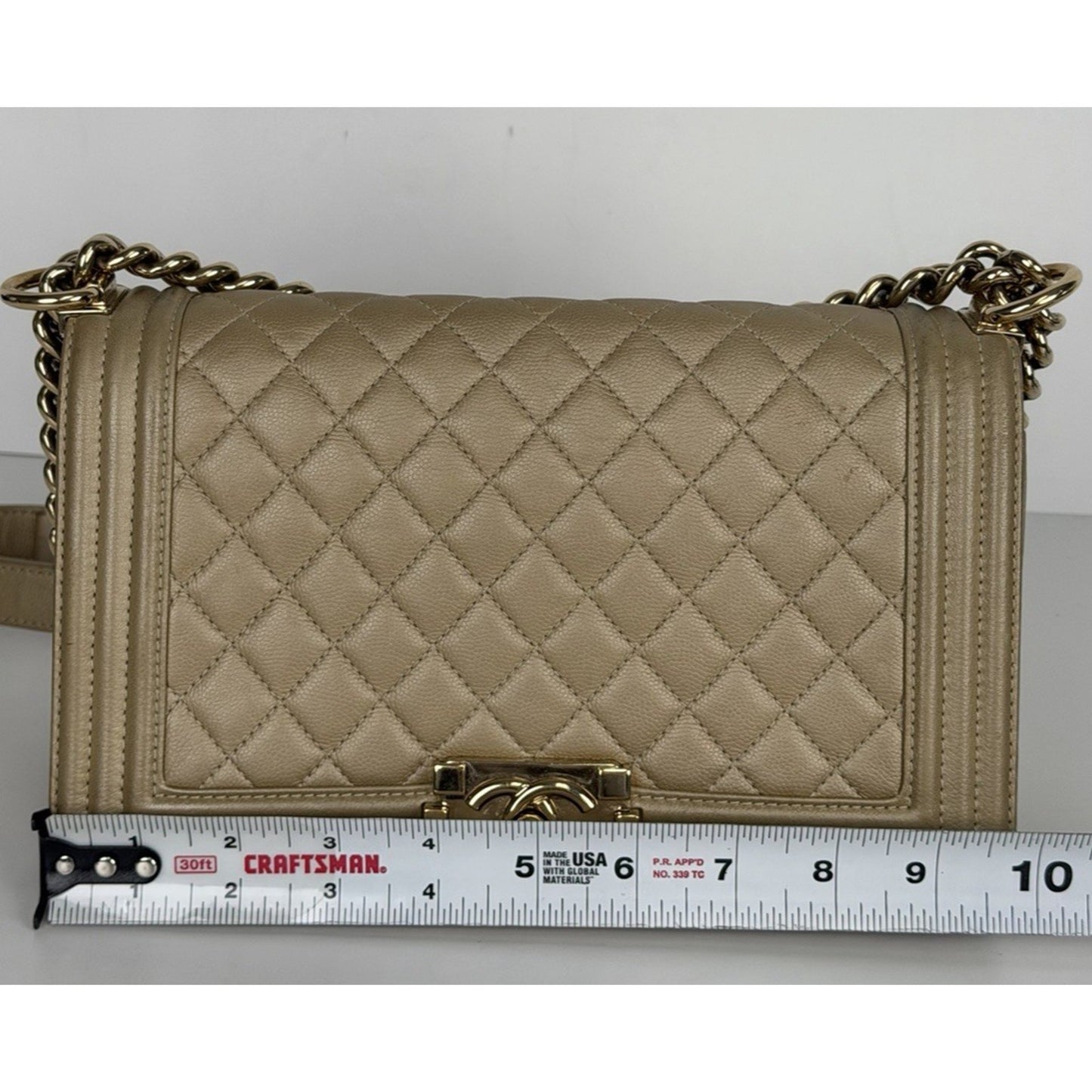 Chanel Medium Boy Flap Bag in Gold or Dark Beige Caviar Leather F1