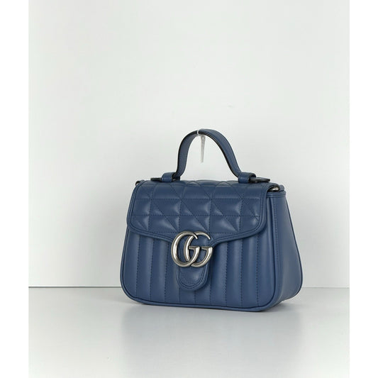 Gucci Double G Blue Leather Matelasse Aria Marmont Mini Top Handle Women's Bag