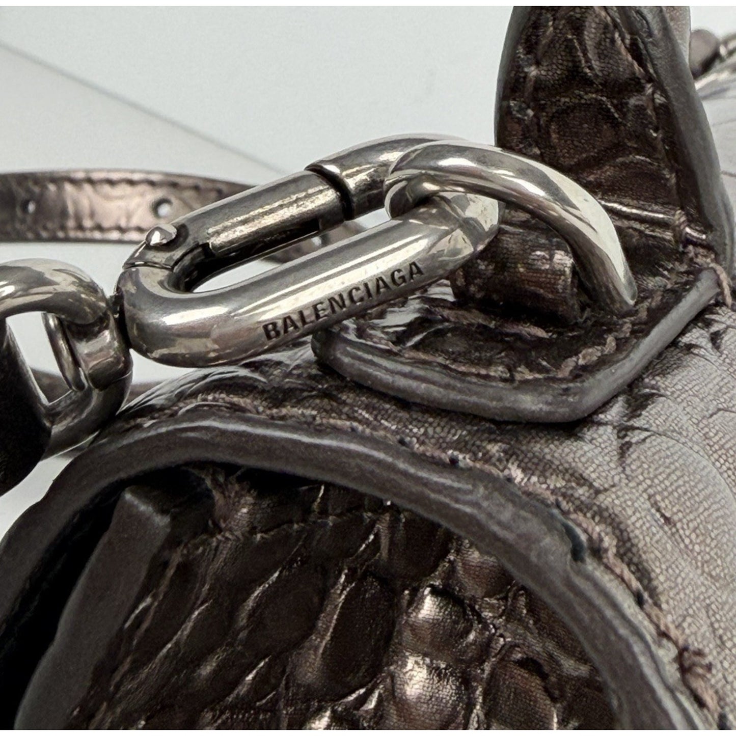 Balenciaga Hourglass XS Bag in Metallic Dark Gray Croc-Effect Leather S03
