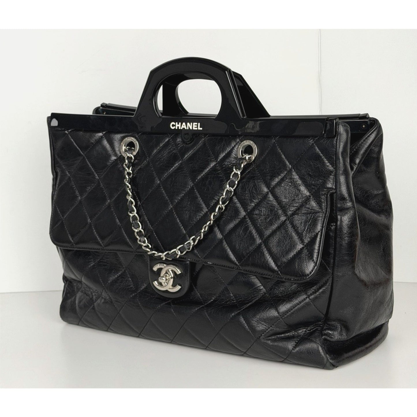 Chanel CC Delivery Tote Bag Large Black Quilted Glazed Leather 2015-2016 B6