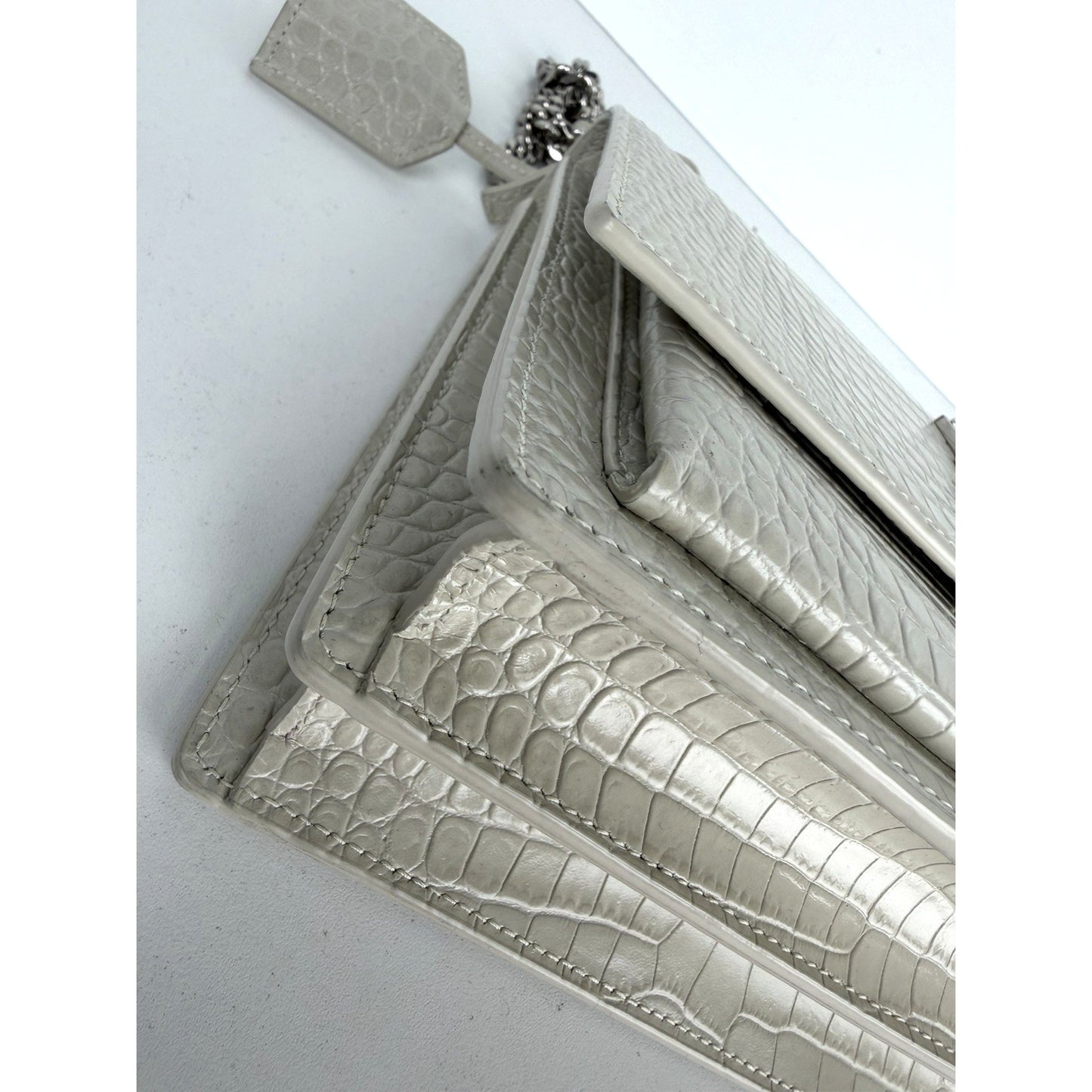 Saint Laurent Sunset Shoulder Bag Medium in White Croc-Embossed Leather S18