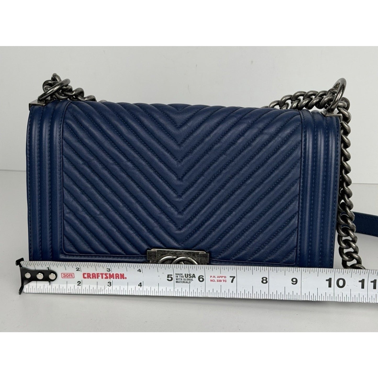 CHANEL Boy Flap Medium Shoulder Bag Lambskin Chevron Navy Blue 2014-2015 B4