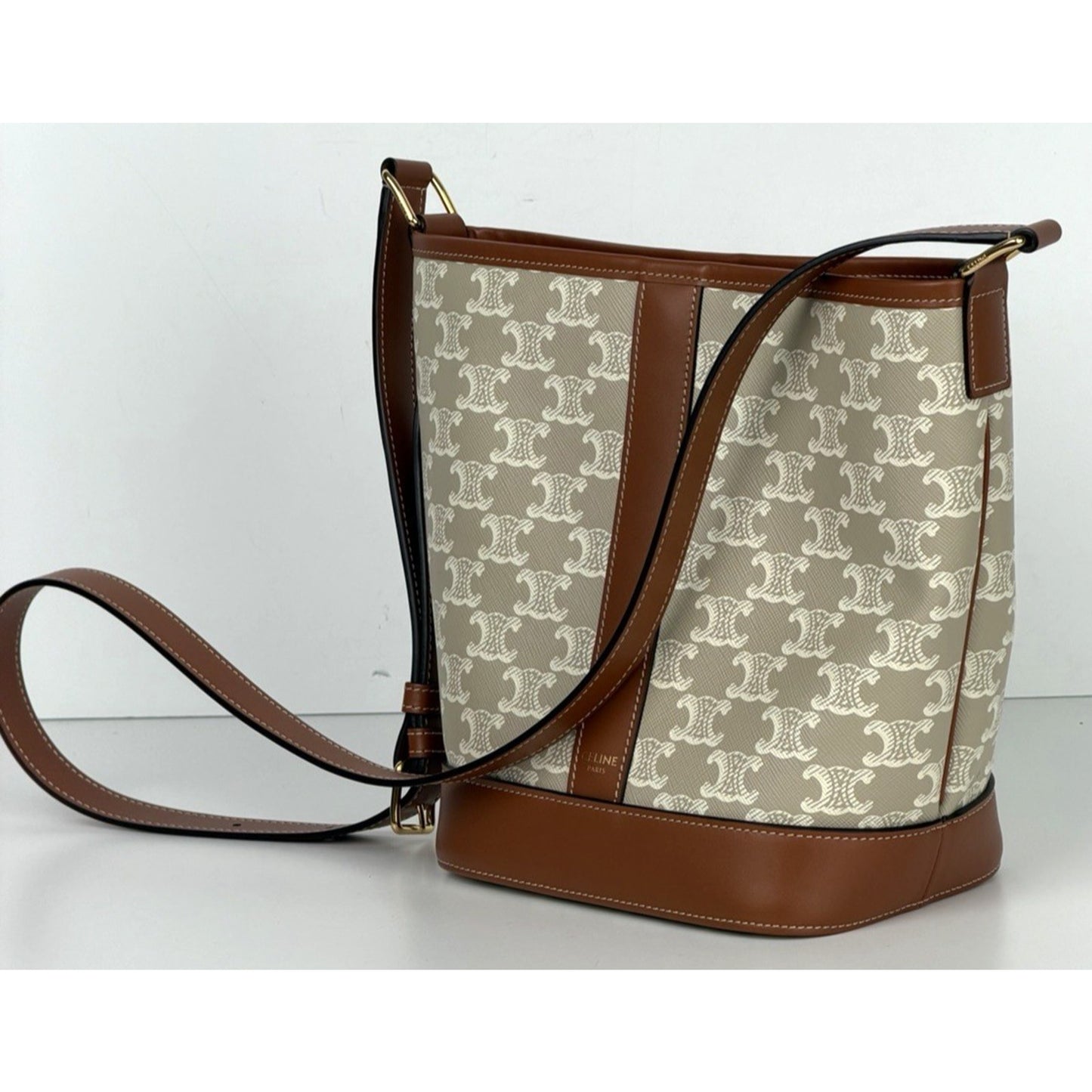 Celine Bucket Bag Small in Tan Triomphe Canvas with Calfskin Leather Trim S14