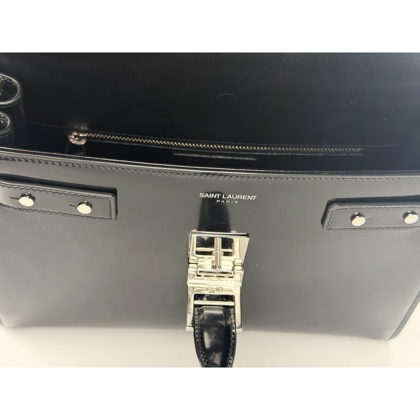Saint Laurent Le Fermoir Small Top-Handle Bag in Black Spazzolato Leather S-03