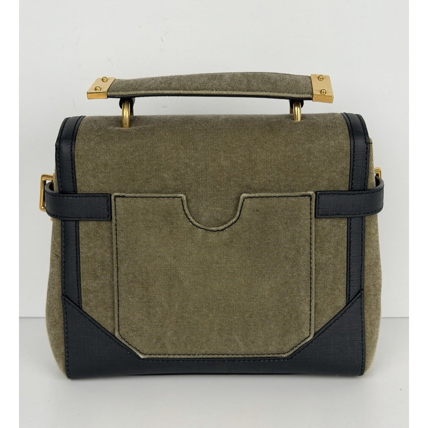 Balmain B-Buzz 23 Bag in Khaki Canvas & Black Leather with Gold-Tone Hardware S4