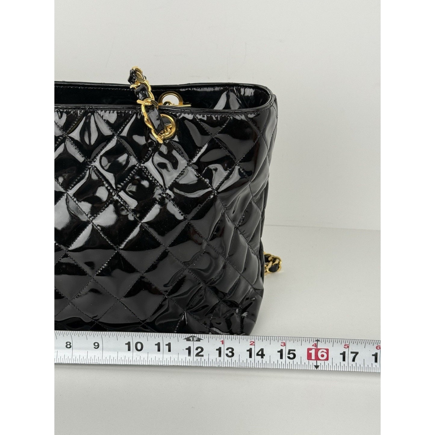 CHANEL Vintage CC Charm Quilted Patent Leather Tote Bag