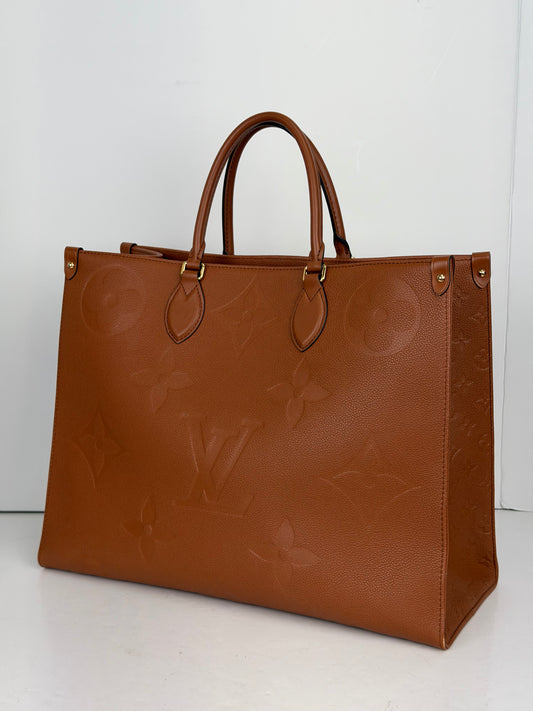Louis Vuitton Onthego GM Tote Bag in Cognac Giant Monogram Empreinte Leather YC7