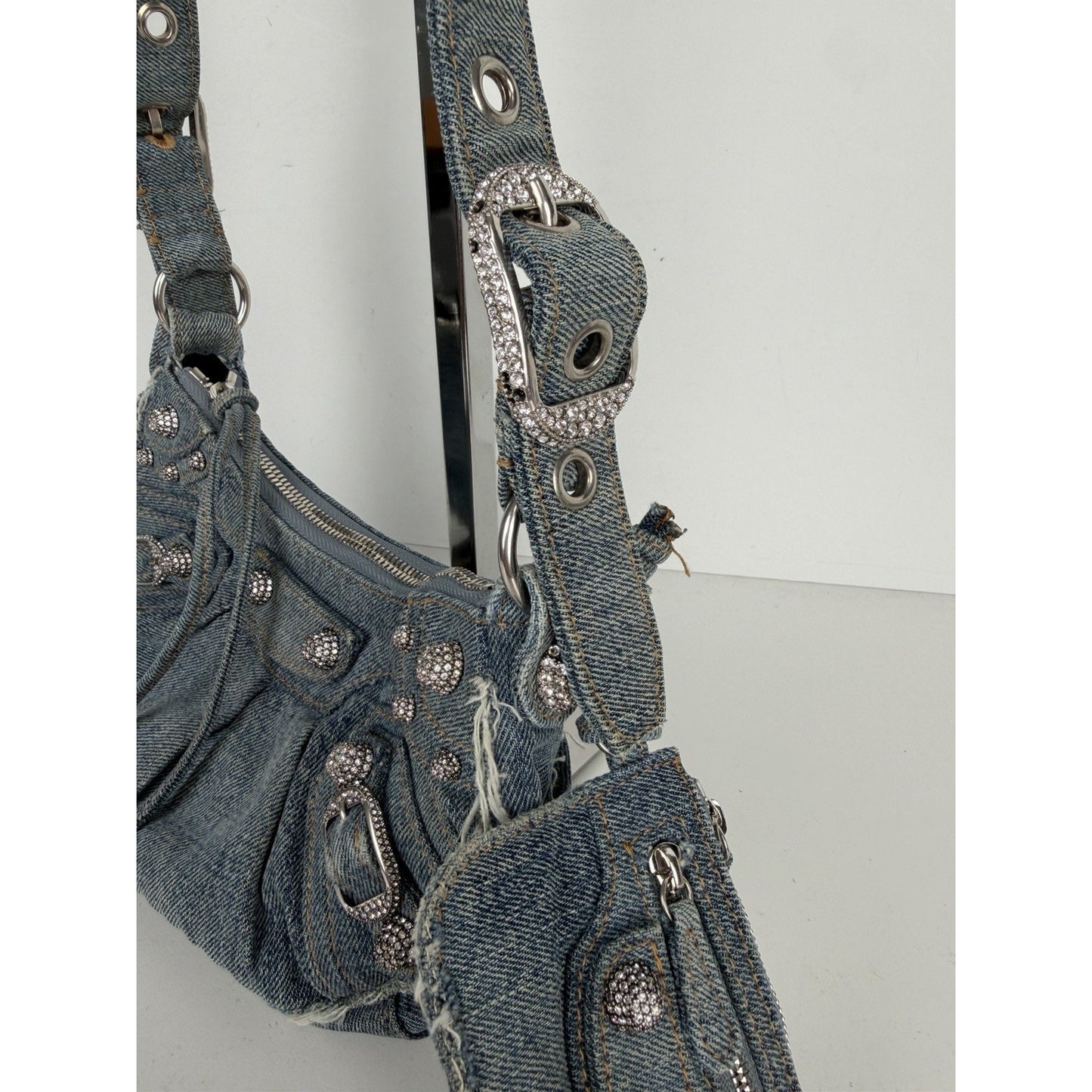 Balenciaga Le Cagole Bag XS in Blue Distressed Denim with Crystal Hardware S-01