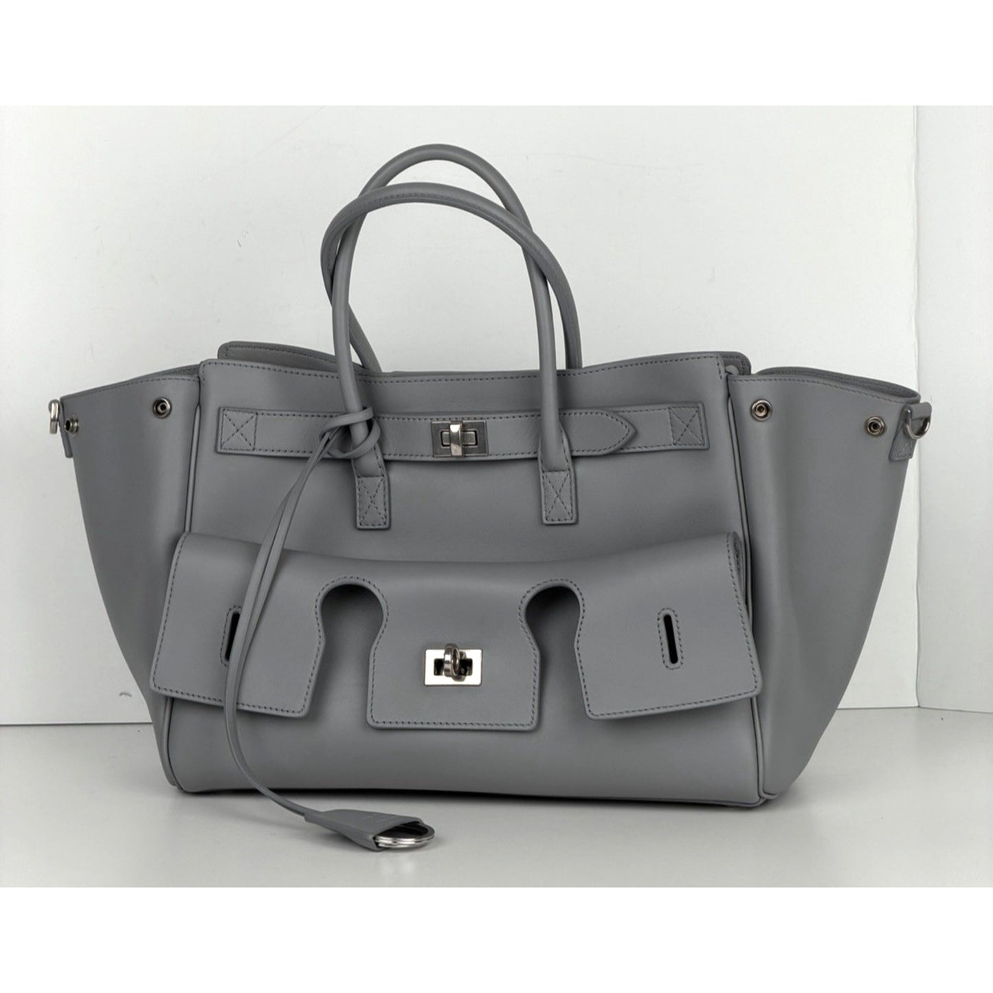 Balenciaga Smooth Calfskin Small Bel Air Carry All Bag in Cloud Grey Leather E7