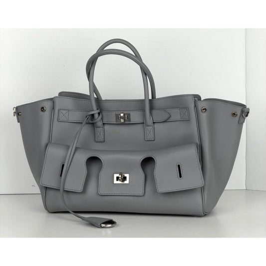 Balenciaga Smooth Calfskin Small Bel Air Carry All Bag in Cloud Grey Leather E7