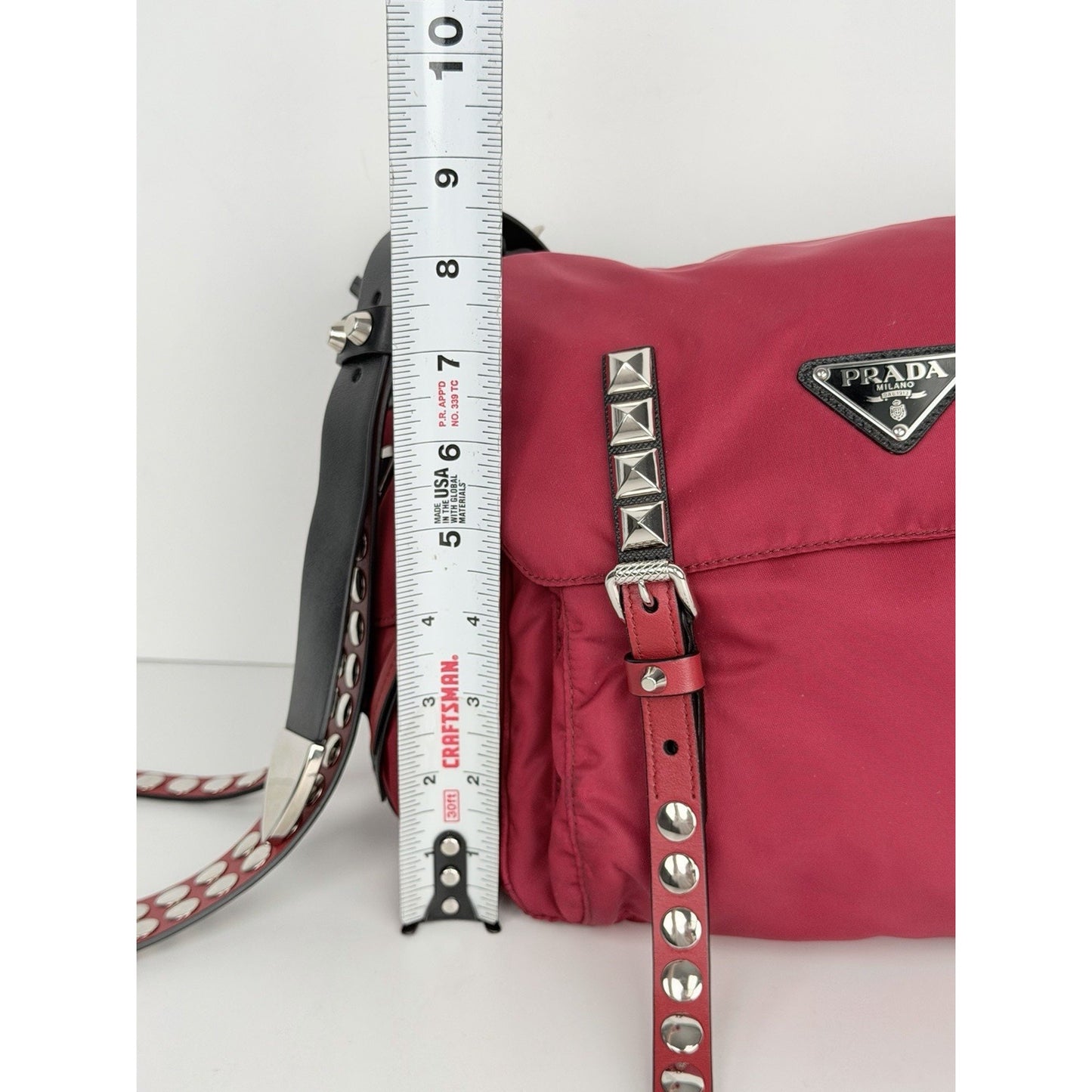 Prada New Vela Studded Messenger Medium in Cherry Red Nylon and Leather Trim S