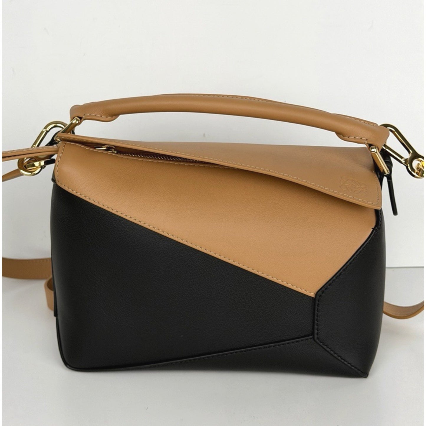 LOEWE Puzzle Edge Small Bag in Brown and Black Calfskin Leather B1