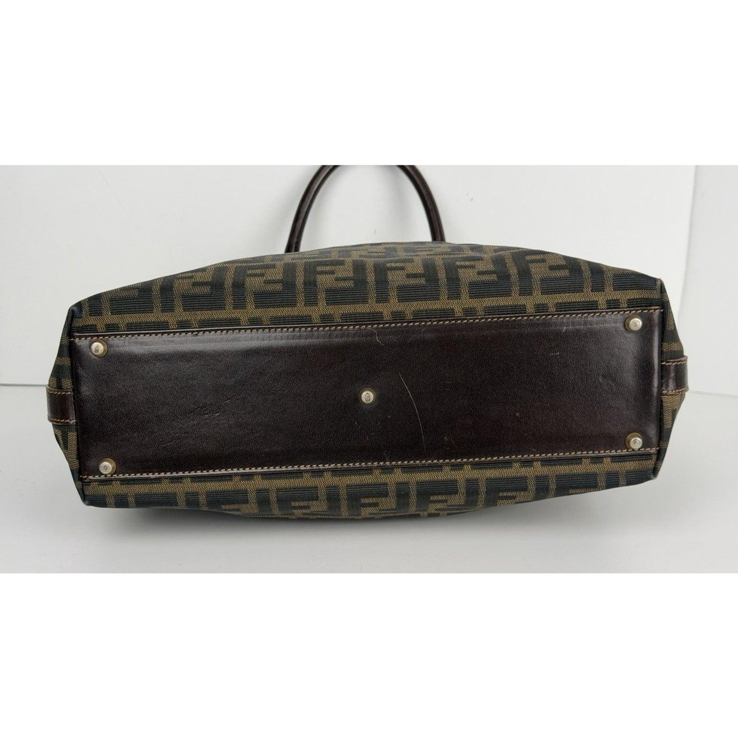 Fendi Zucca Tote Bag FF Monogram Canvas & Dark Brown Leather Trim S