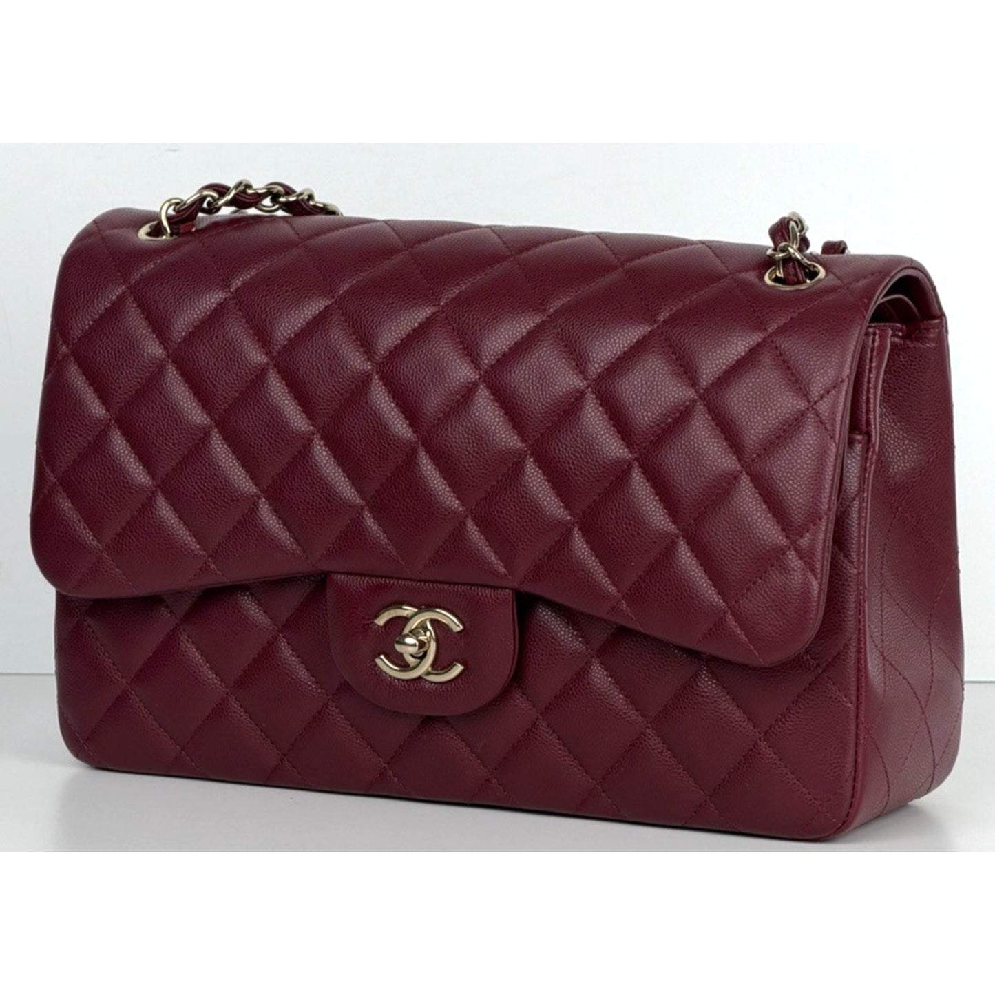 Chanel Classic Double Flap Jumbo Shoulder Bag in Burgundy Caviar Leather NFC E-5