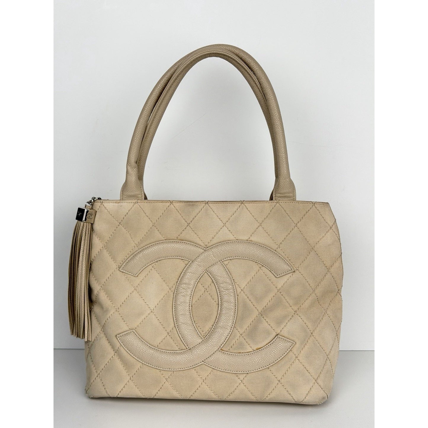 Chanel Quilted Caviar Logo and Canvas Medallion Tote Handbag Beige 2004-2005 C7