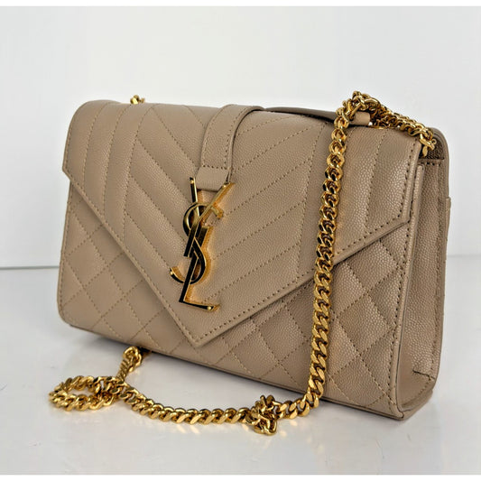 Saint Laurent Envelope Small in Dark Beige Quilted Grain de Poudre Embossed S14
