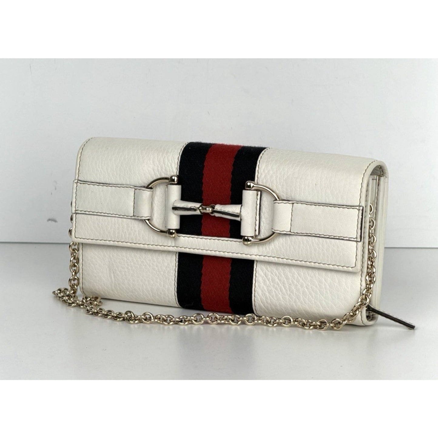 Gucci Horsebit Chain Clutch Web Wallet in White Leather Gold-Tone Hardware