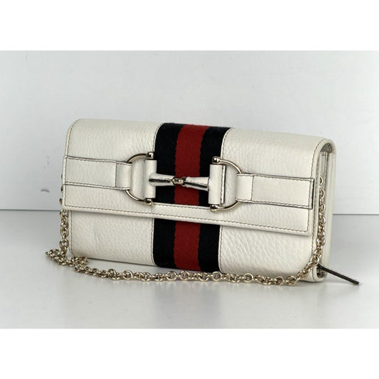 Gucci Horsebit Chain Clutch Web Wallet in White Leather Gold-Tone Hardware